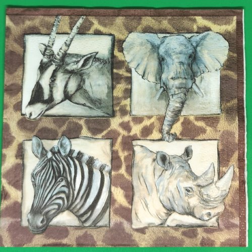 Serviette papier/napkin : "zèbres, éléphants, rhinocéros, antilopes"