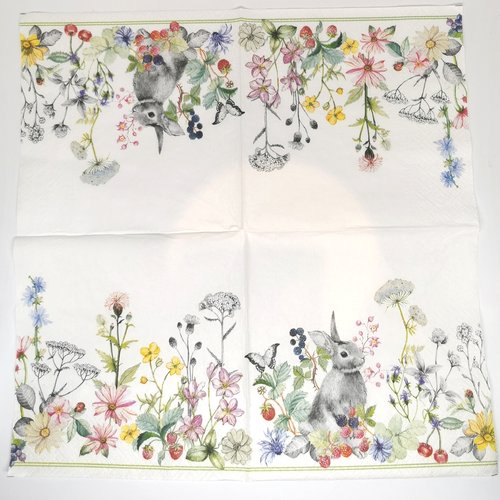 Serviette papier/napkin : "lapins, papillon, fleurs des champs"