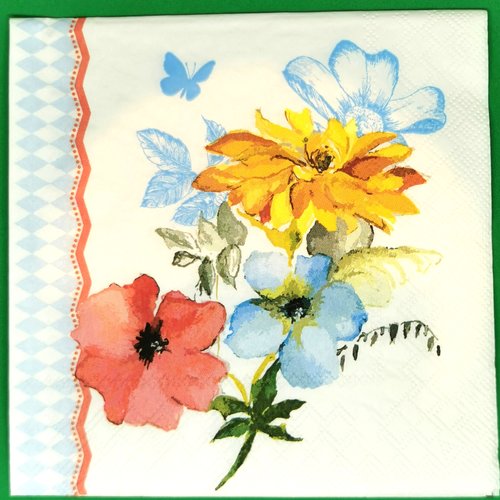 Serviette papier/napkin  "coquelicot, soleil, bleuet, papillon"