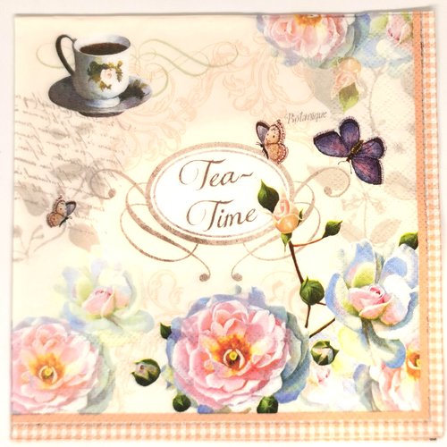 Serviette papier/napkin  "roses anciennes, tasse à thé, papillons"