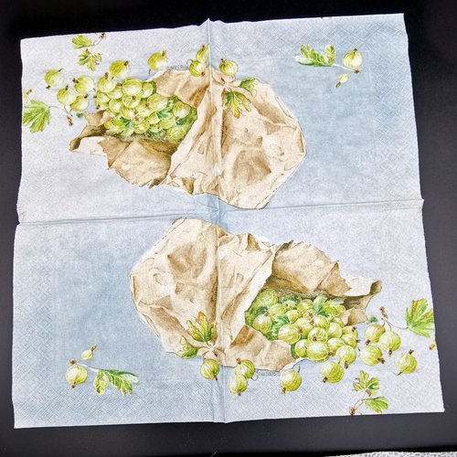Serviette papier/napkin  "mona svärd, gooseberry", groseilles à maquereau dans sac papier kraft