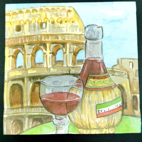 Serviette papier/napkin  "voyage en italie, colisée, bouteille de vin chianti, verre de vin