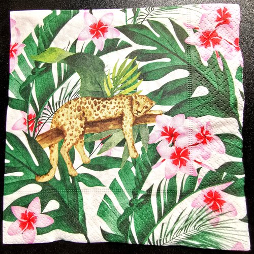 Serviette papier/napkin : "guépards, feuilles et fleurs exotiques"