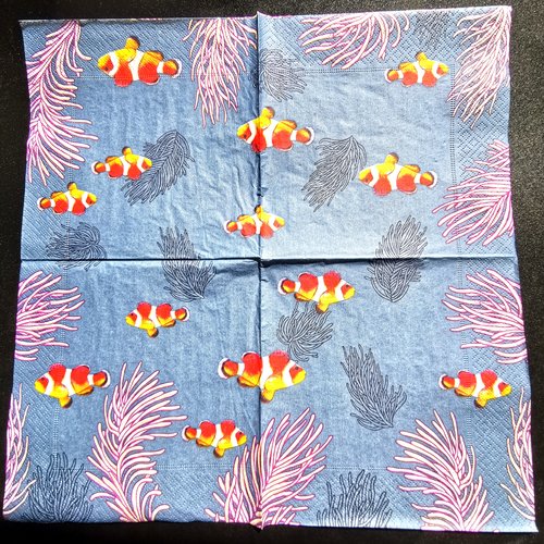Serviette papier/napkin  "poissons clown , coraux, fond marin"
