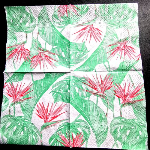 Serviette papier/napkin : "fleurs oiseaux de paradis, feuilles exotiques"