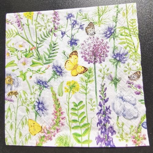 Serviette papier/napkin : "fleurs des champs, papillons"