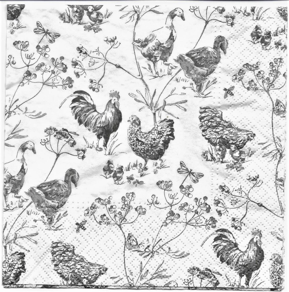 Serviette papier/napkin: coqs, poules, poussins, oies décor toile