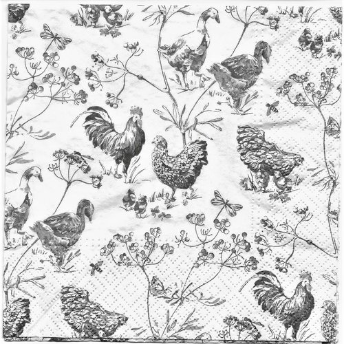 Serviette papier/napkin: "coqs, poules, poussins, oies décor toile de jouy "