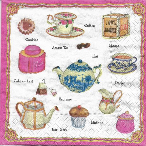 Serviette papier/napkin:  "théière, tasse à thé, thé, muffins, cookies, café au lait"