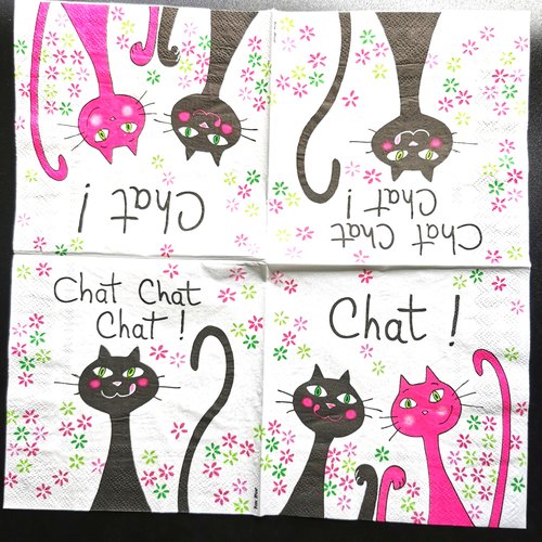 Serviette papier/napkin  "chat rose et chat noir"
