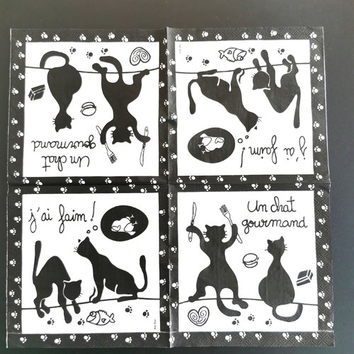 Serviette papier/napkin  "chats noir, chats gourmands"