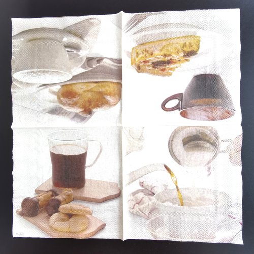 Serviette papier/napkin:  "tasse à café, mug, croissant, flan, petits fours secs"