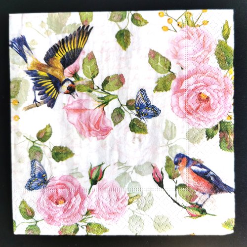 Serviette papier/napkin: "oiseaux, roses anciennes, écriture, plume"