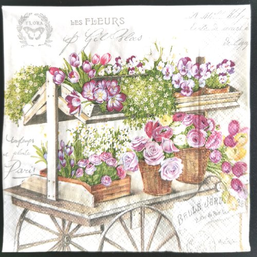 Serviette papier/napkin : "etale de fleurs, charrette fleurie, fleuriste, belle jardinière"