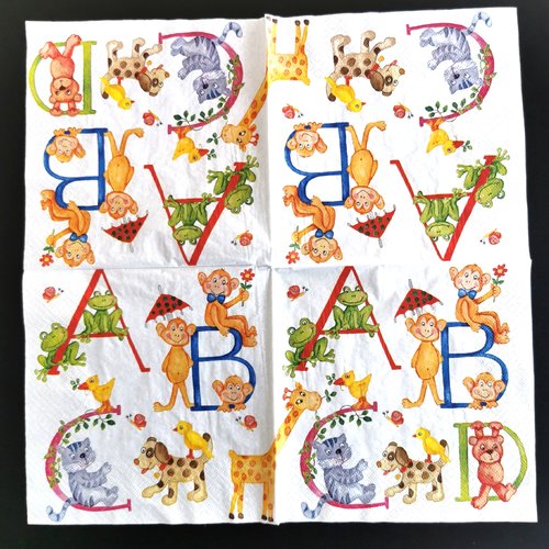 Serviette papier/napkin : "abécédaire, grenouilles, singes, girafe, chien, chat, ours"