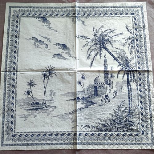 Serviette papier/napkin: faïencerie gien france "vue d'orient depareillées bleu", mosquée, minaret, chameaux, palmiers