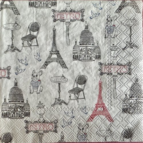 Serviette papier/napkin: faïencerie gien france "ca c'est paris", tour eiffel, montmartre, métro, bouledogue français, terrasse café