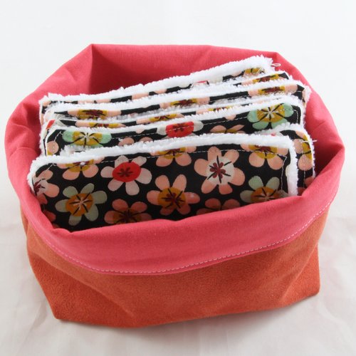 Panière avec ses 6 lingettes, lingettes lavables, panier,