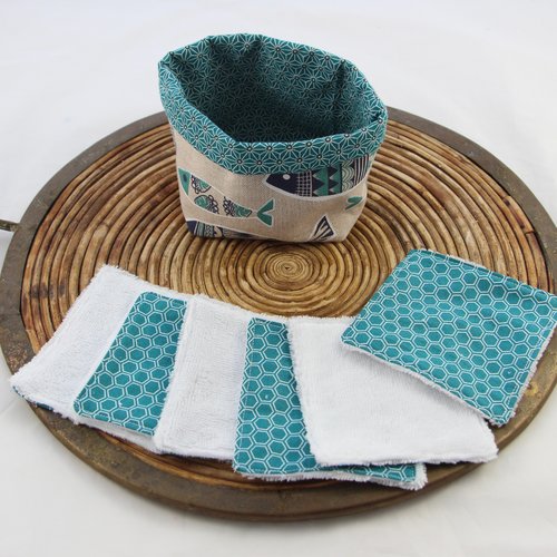Panière avec ses 6 lingettes, lingettes lavables, panier,