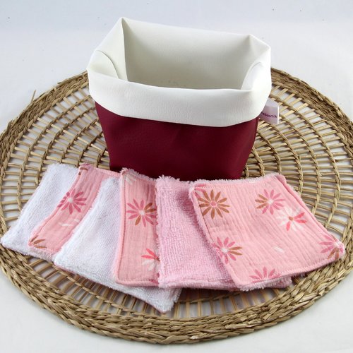 Panière avec ses 6 lingettes, lingettes lavables, panier,