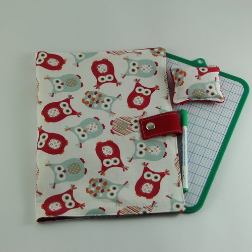 Pochette ardoise, pochette écolier, malette ardoise, écolier, feutres effaçables, motif hiboux