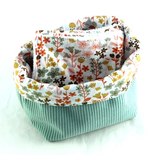 Panière avec ses 6 lingettes, lingettes lavables, panier,