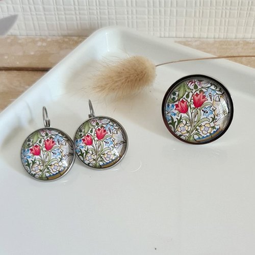 Boucles d'oreilles dormeuse bague acier inoxydable argenté cabochon verre william morris tulipes