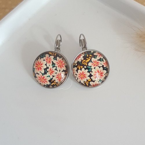 Boucles d'oreilles dormeuse acier inoxydable argenté cabochon verre grosses fleurs