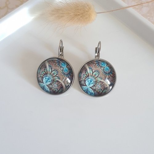 Boucles d'oreilles dormeuse acier inoxydable argenté cabochon verre ramage et fleur
