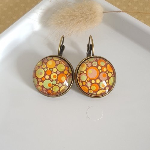 Boucles d'oreilles dormeuse métal bronze cabochon verre decor boho