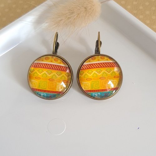 Boucles d'oreilles dormeuse métal bronze cabochon verre tribal