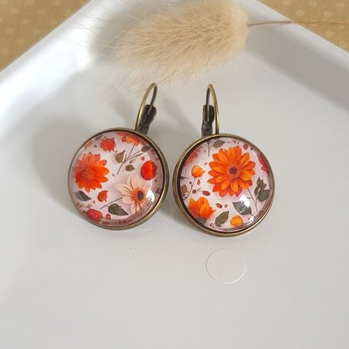 Boucles d'oreilles dormeuse métal bronze cabochon verre fleur feuillage automne