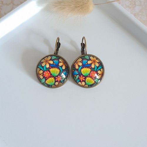 Boucles d'oreilles dormeuse métal bronze cabochon verre fleur