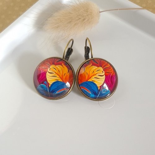 Boucles d'oreilles dormeuse métal bronze cabochon verre feuille tropicale