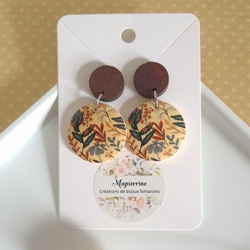 Boucles d'oreille ronde pendante en bois 25 mm feuillage d automne