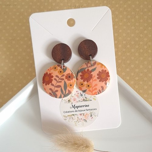 Boucles d'oreille ronde pendante en bois 25 mm fleur feuillage d automne