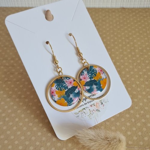 Boucles d'oreille pendante femme acier inoxydable doré et résine feuille tropicale