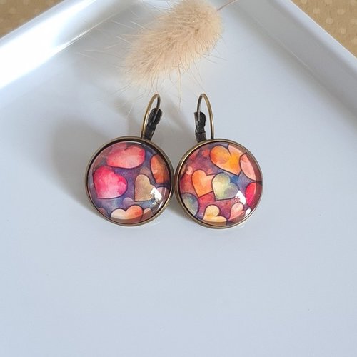 Boucles d'oreilles dormeuse métal bronze cabochon verre coeur