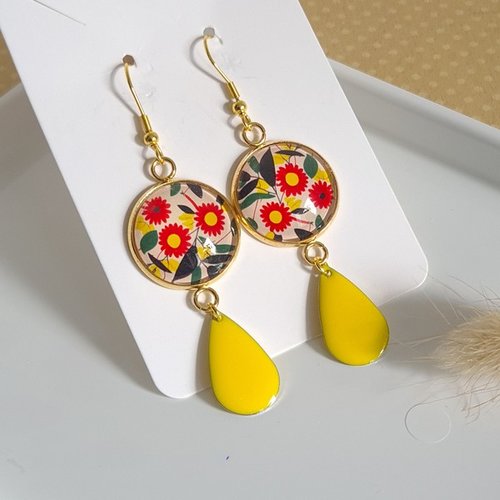 Boucles d'oreilles pendante acier inoxydable doré cabochon verre fleuri