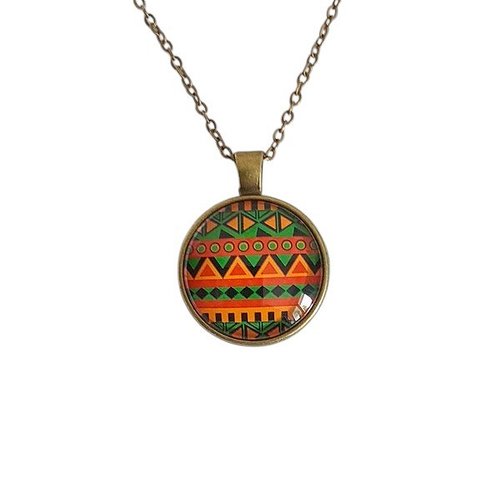 Collier pendentif métal bronze cabochon verre aztèque
