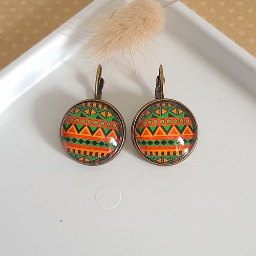 Boucles d'oreilles dormeuse métal bronze cabochon verre aztèque