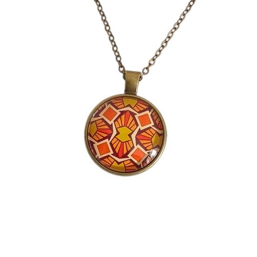 Collier pendentif métal bronze cabochon verre géométrie