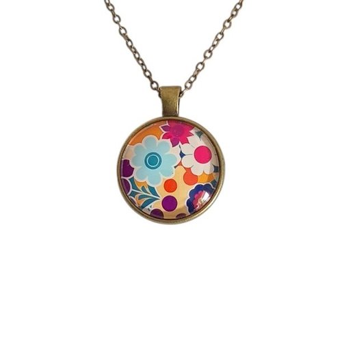 Collier pendentif métal bronze cabochon verre fleur boho