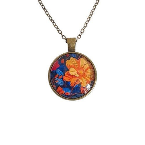 Collier pendentif métal bronze cabochon verre fleur orange