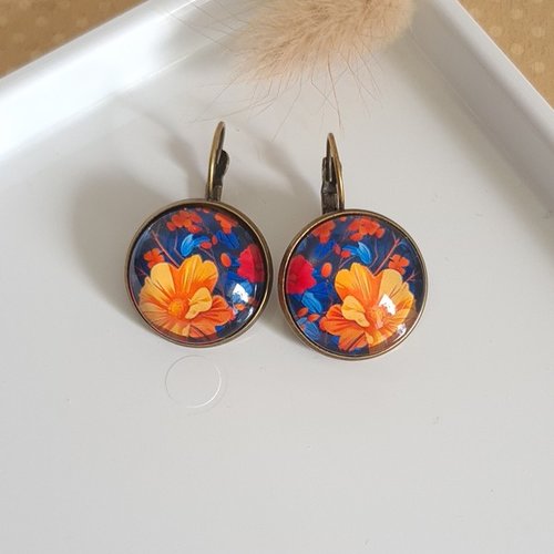 Boucles d'oreilles dormeuse métal bronze cabochon verre fleur orange