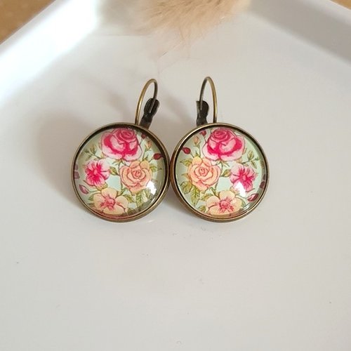 Boucles d'oreilles dormeuse métal bronze cabochon verre les roses