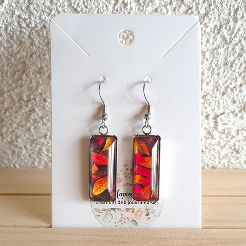 Boucles d'oreilles rectangle acier inoxydable argenté cabochon verre feuillage d automne