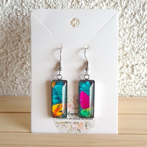 Boucles d'oreilles rectangle acier inoxydable argenté cabochon verre feuillage tropicale