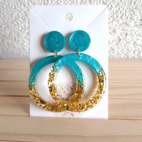 Boucles d'oreille grande créole femme résine turquoise et paillettes
