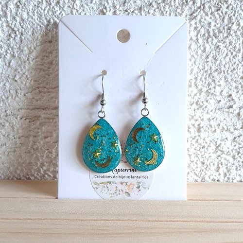 Boucles d'oreille pendante femme résine acier inoxydable lune etoile turquoise